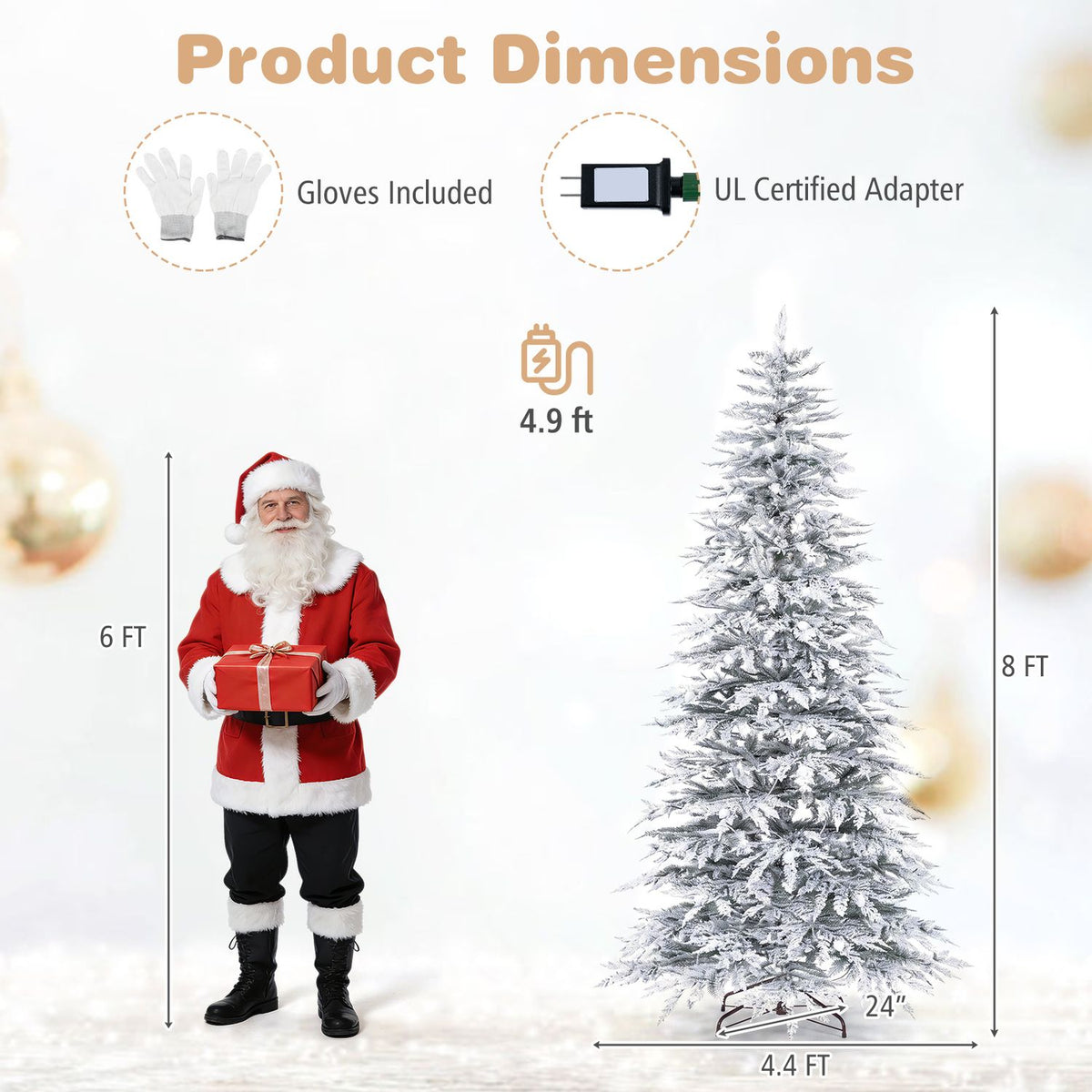 Flocked tree shown with a height and base-width diagram, a person for scale, and accessory illustrations.