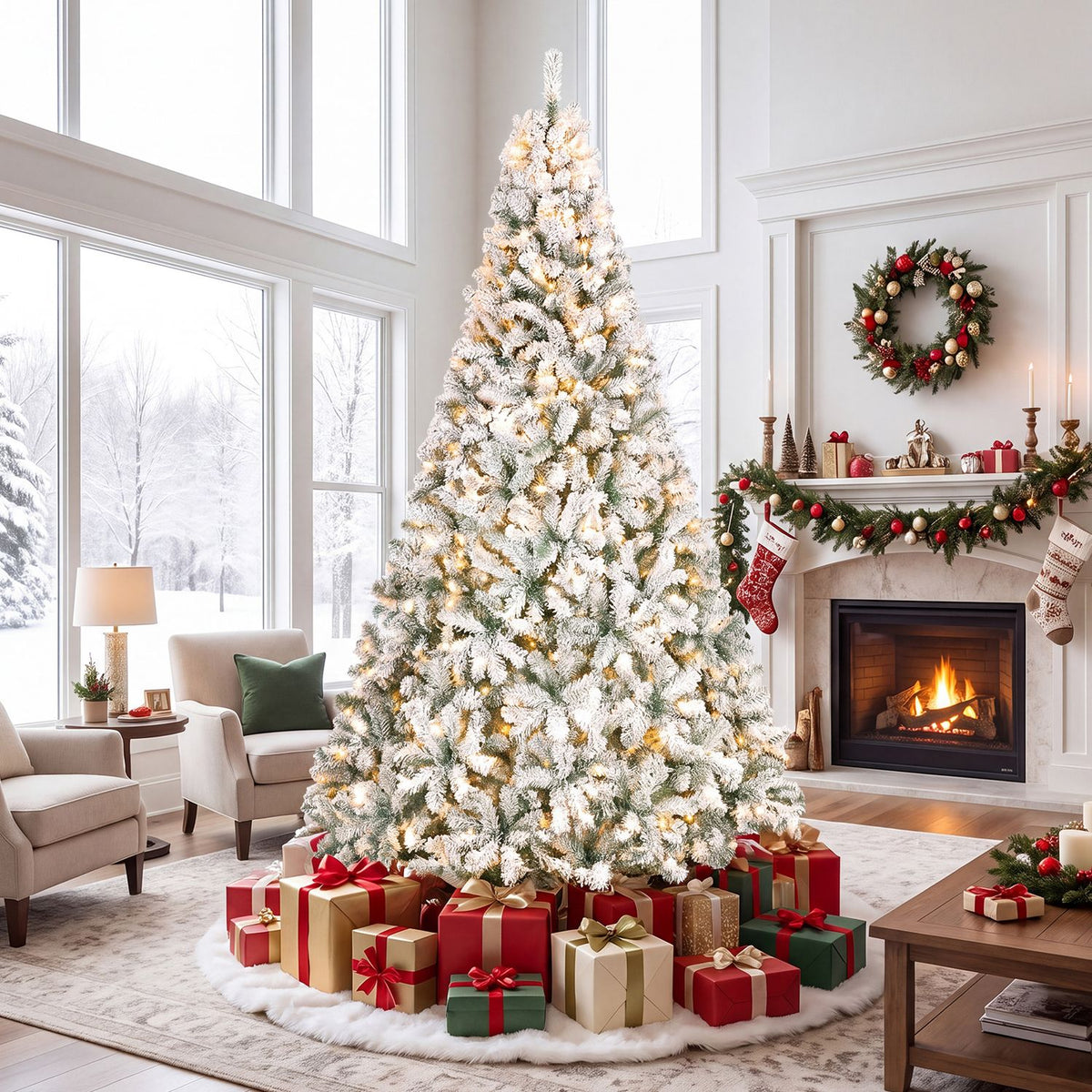 Snow-flocked Christmas tree glowing with warm lights, surrounded by wrapped gifts in a bright living room.