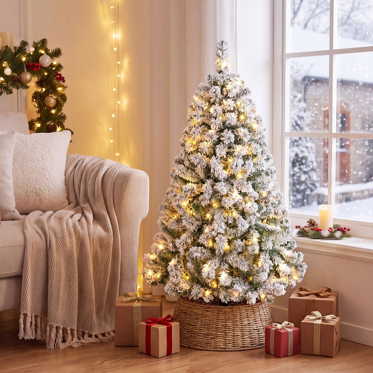 Snow-flocked Christmas tree with warm lights beside a window, with wrapped gifts at its base.