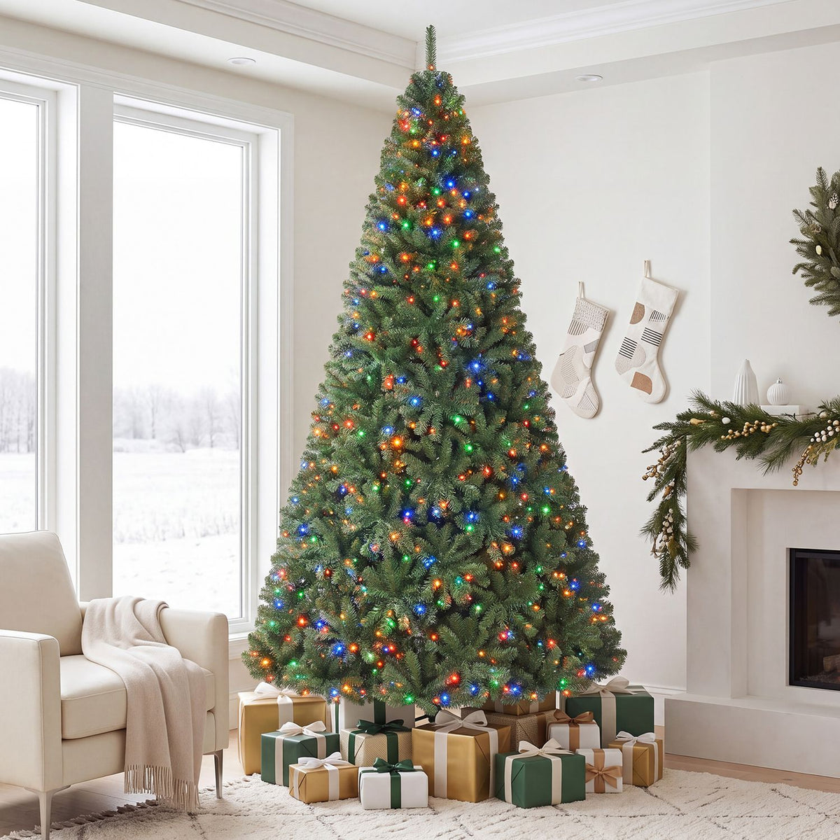 A tall green Christmas tree glowing with multicolored lights, surrounded by wrapped gifts in a bright living room.