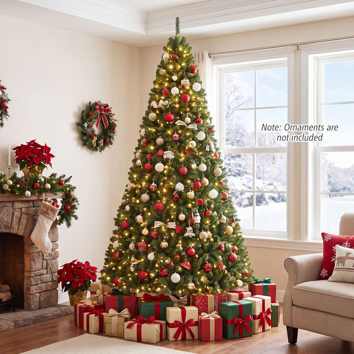 A Christmas tree with warm lights and red and gold ornaments stands beside a stone fireplace and wrapped presents.