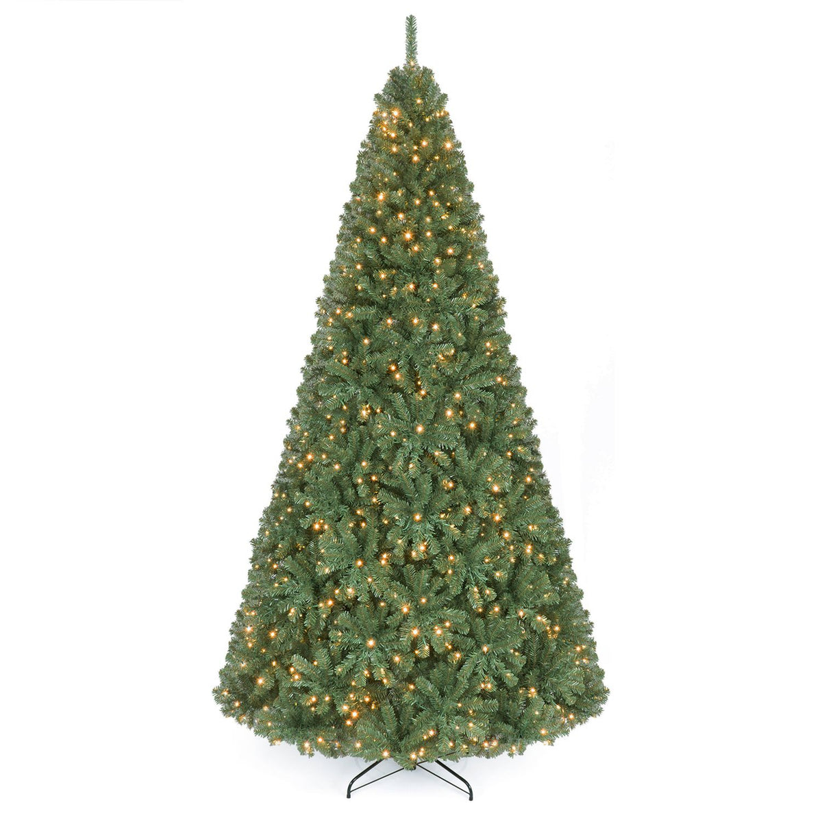 A full green artificial Christmas tree with warm white lights on a metal stand against a white background.