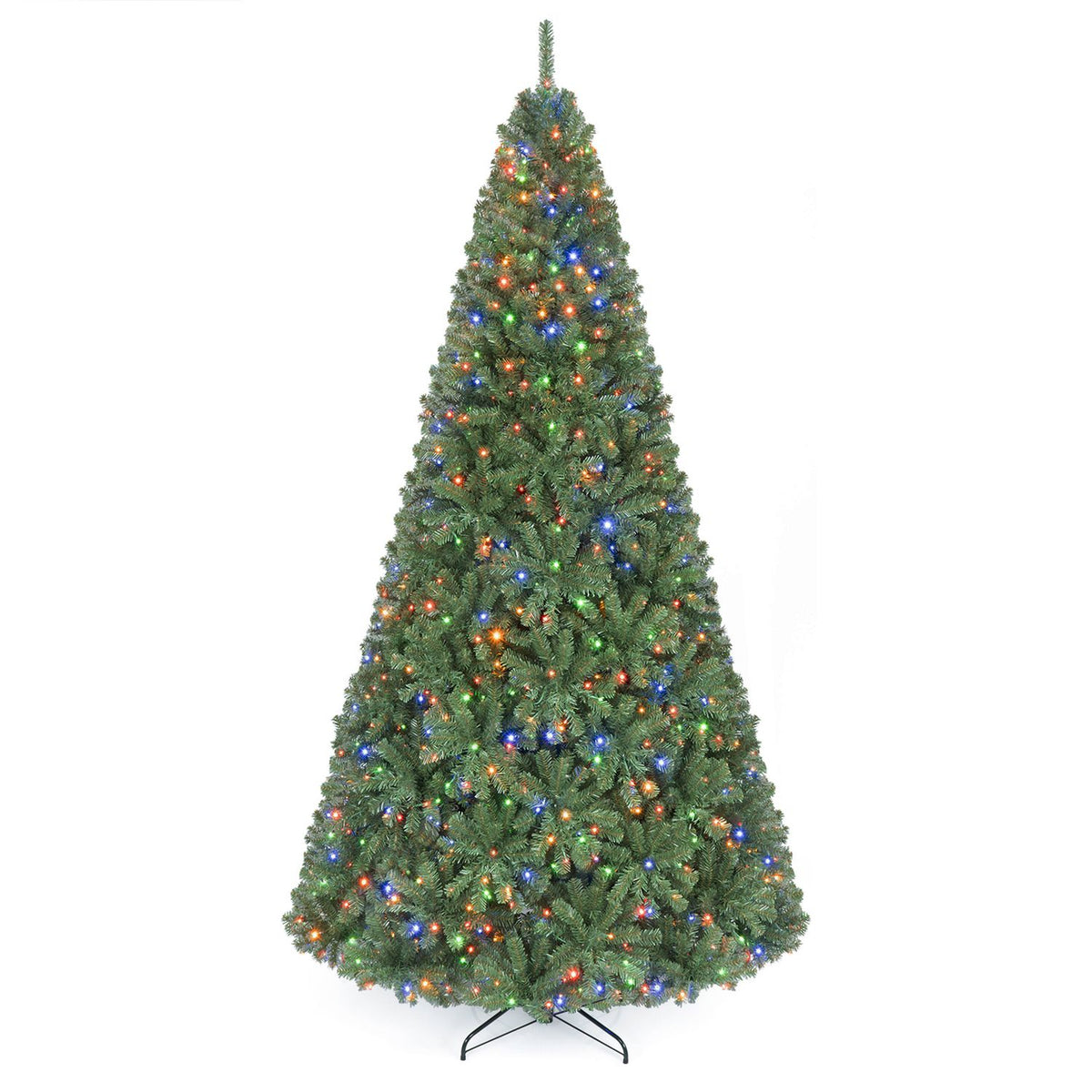A full green artificial Christmas tree with multicolored lights on a metal stand against a white background.