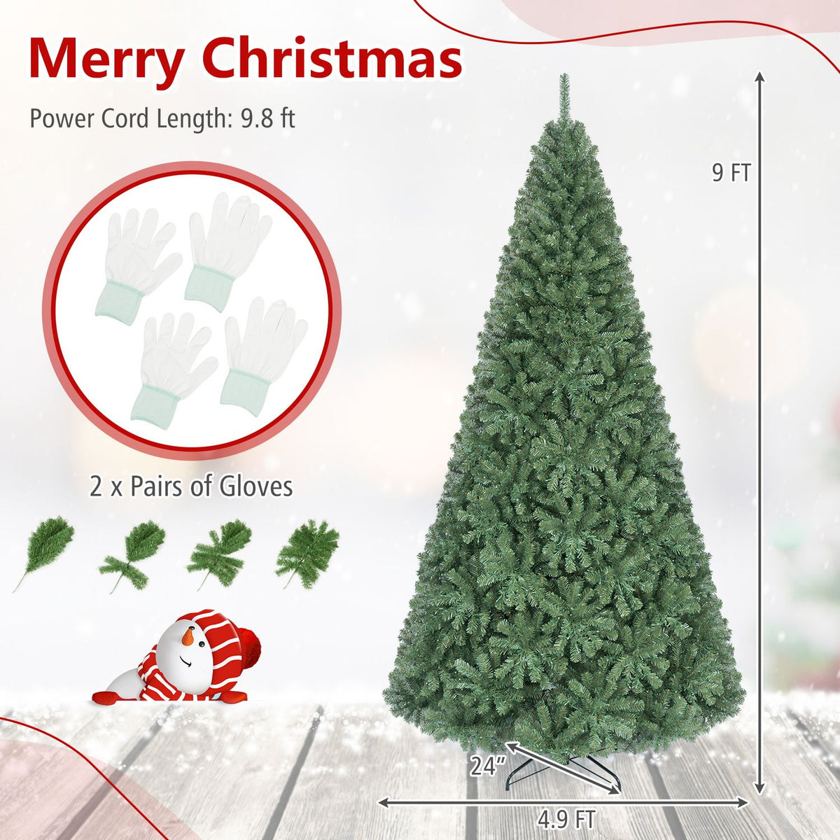 A full artificial Christmas tree shown with its base, loose branch tips, and a pair of gloves.
