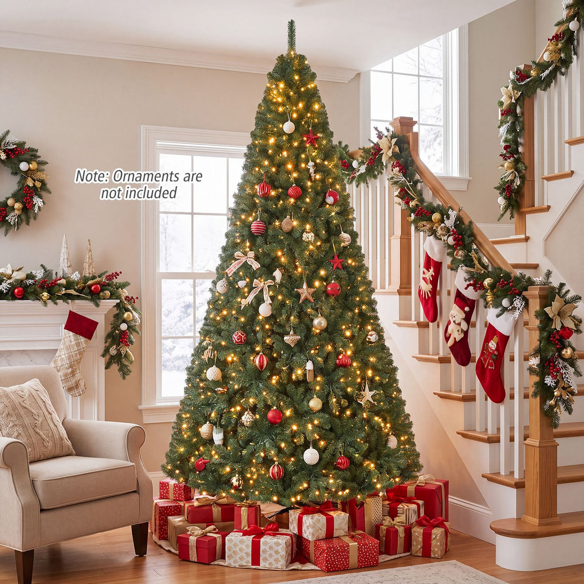 A lit Christmas tree decorated with ornaments and surrounded by wrapped gifts in a living room.