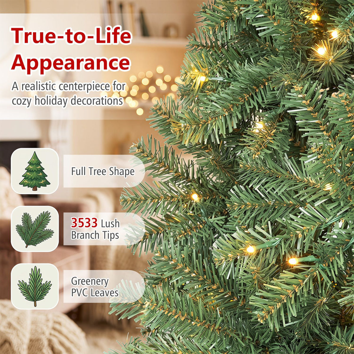 Close-up of dense green artificial branches with warm lights, beside small illustrations of tree foliage.