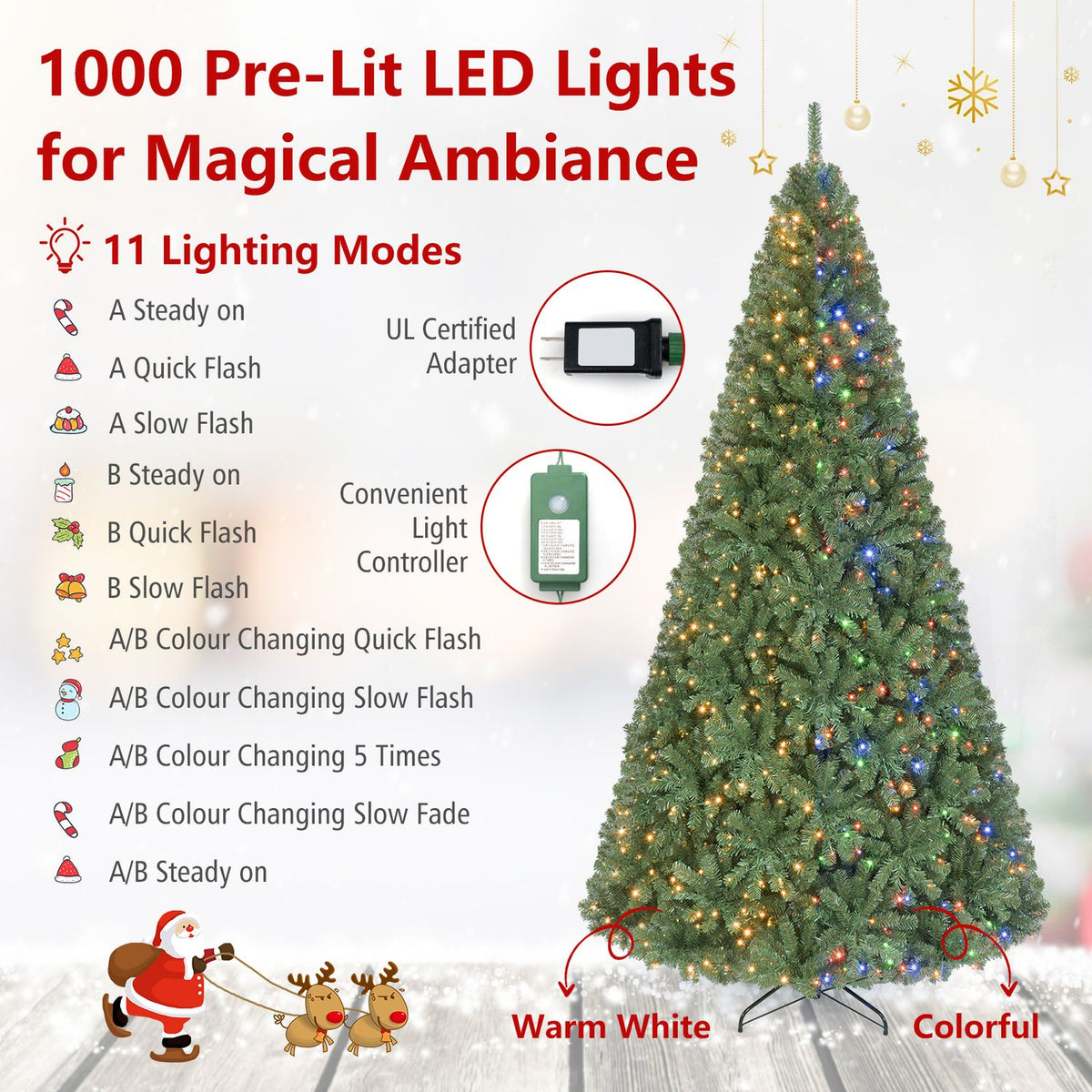A full tree glowing with multicolored and warm lights, shown alongside a light controller and adapter.
