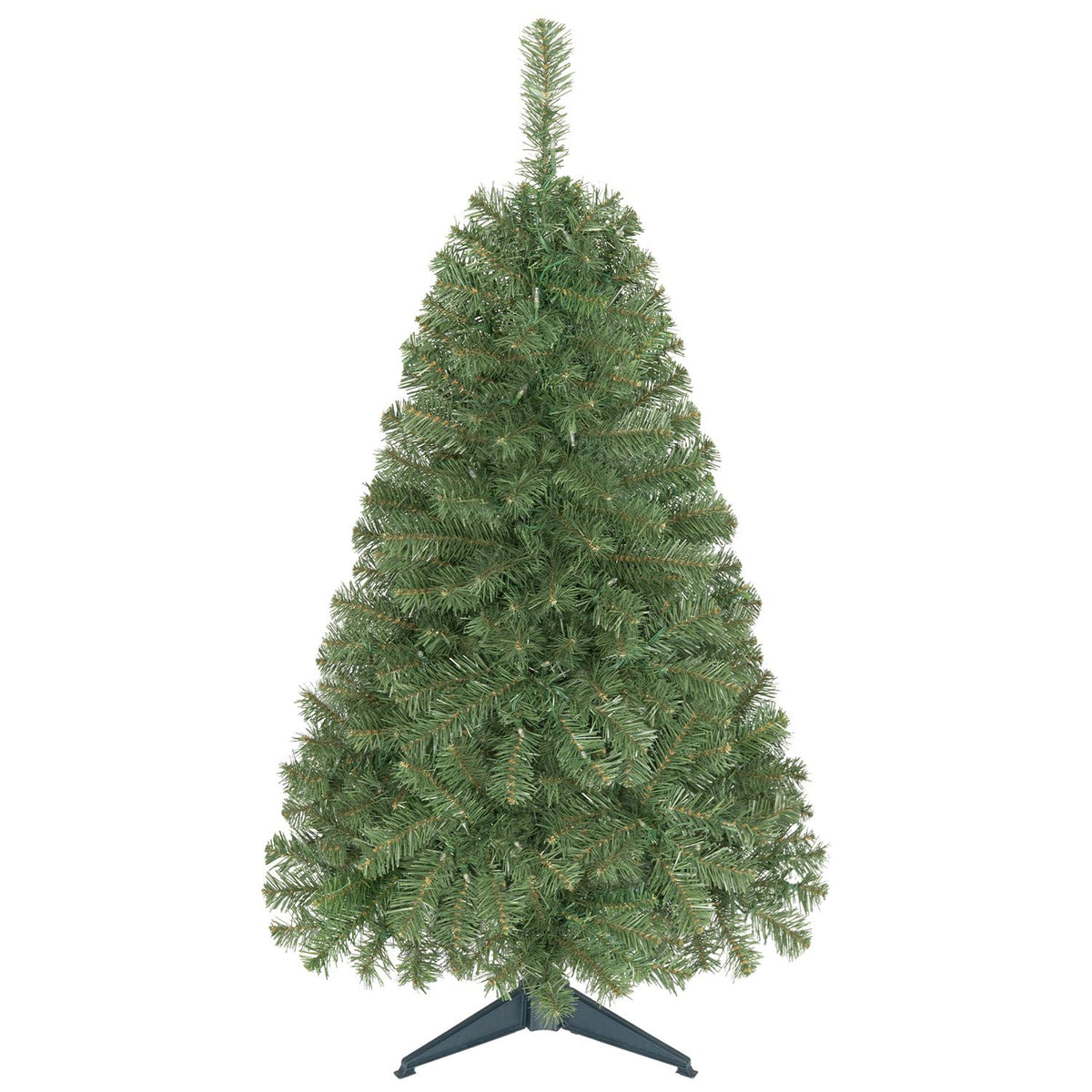 Green artificial Christmas tree on a dark folding stand against a white background.