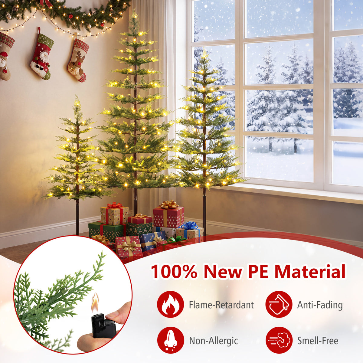 Pre-Lit Cypress Christmas Tree Set of 3 with 75 + 142 + 226 PE Branch Tips and 50 + 70 + 100 LED Lights