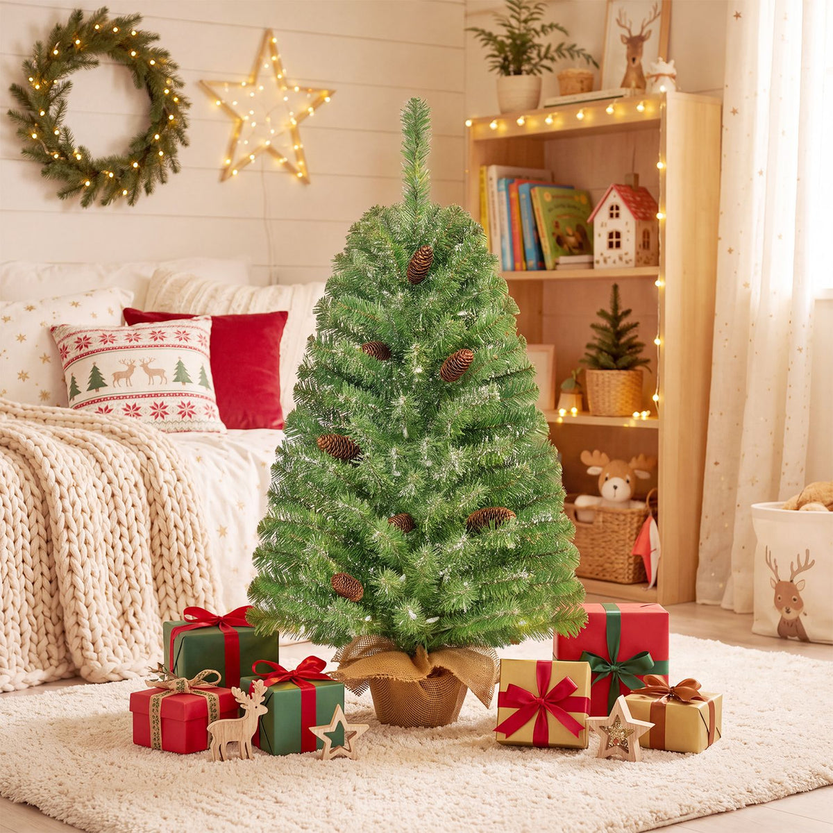 Small green tabletop Christmas tree with pinecones and burlap-wrapped base, displayed among gifts in a cozy room.
