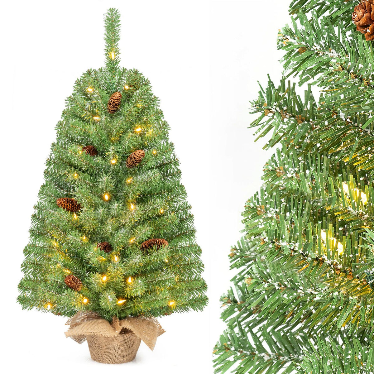 Lit green tabletop tree with pinecones and burlap base beside a close-up of glowing lights among its branches.