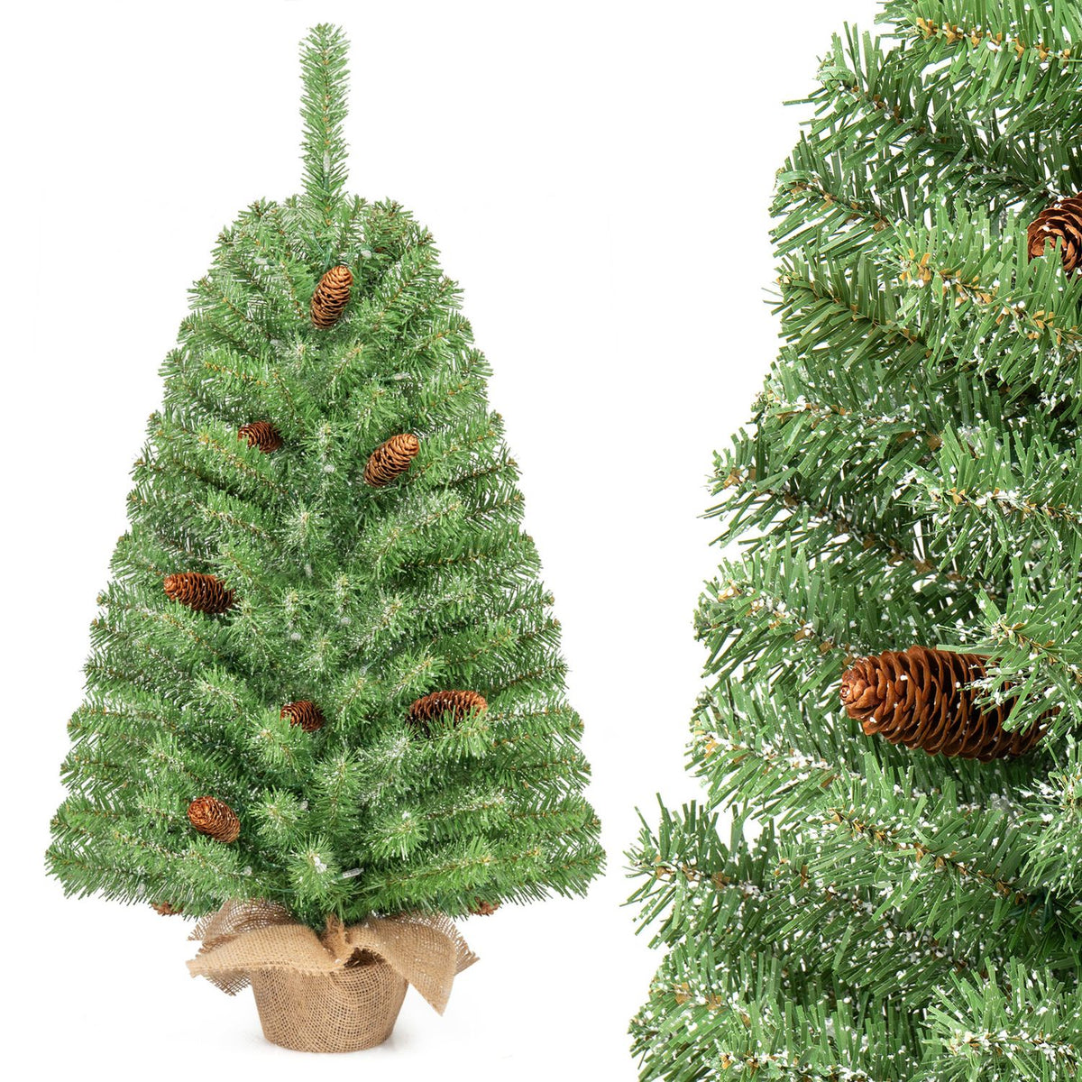 Green tabletop tree with pinecones and burlap base beside a close-up of its dense, unlit branches.