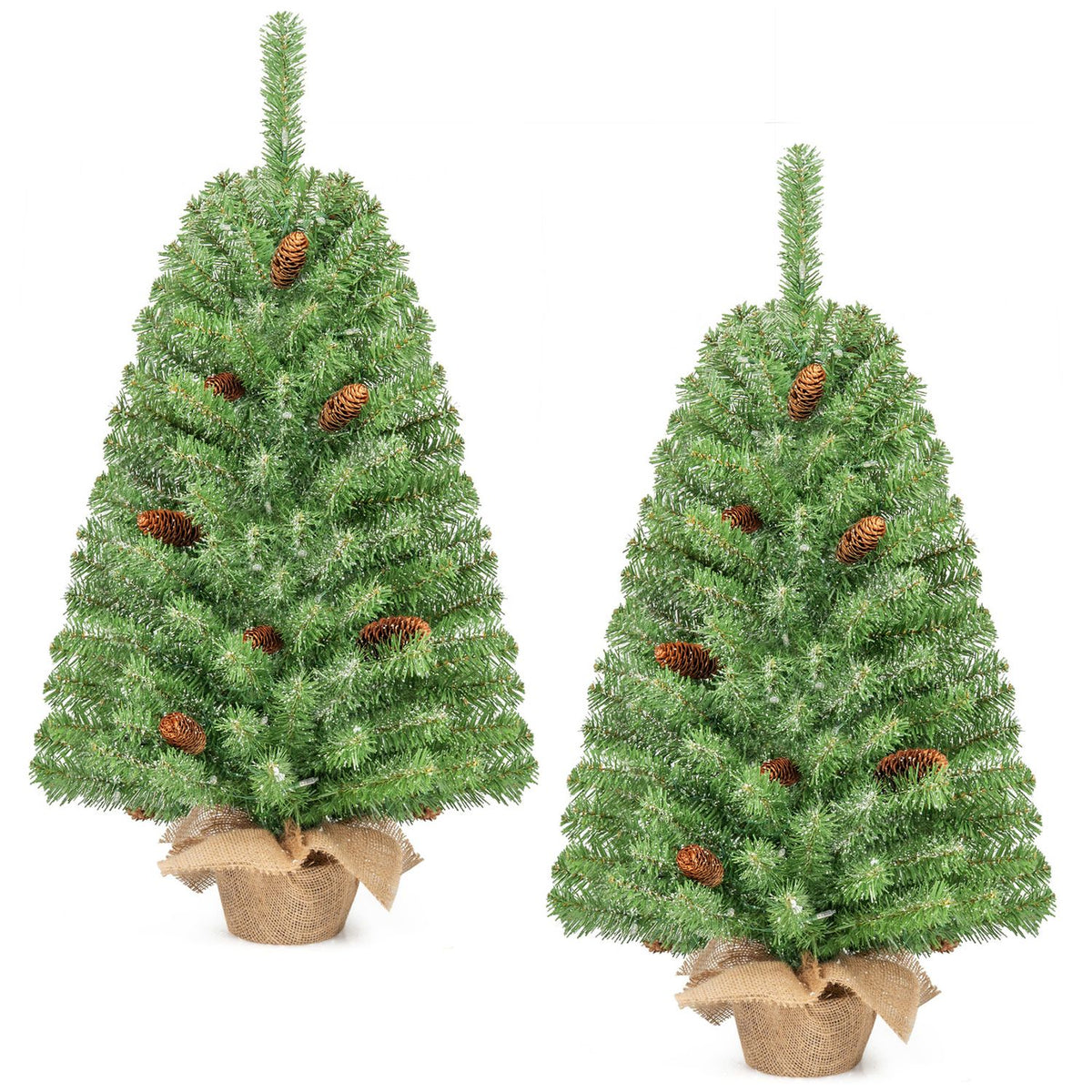 Two unlit green mini trees with pinecones and burlap-wrapped bases on a white background.