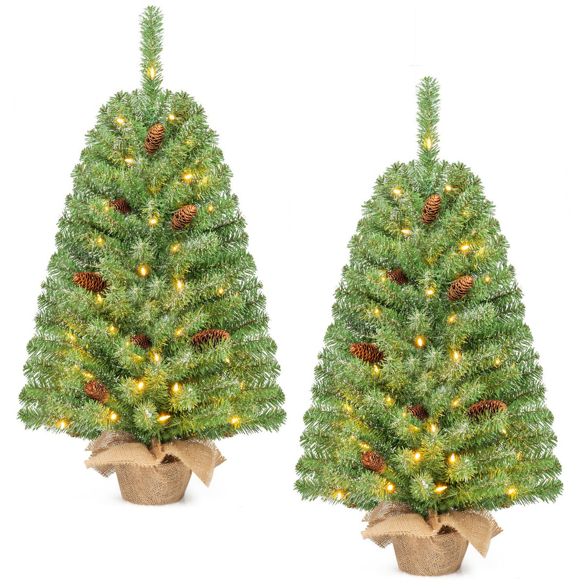Two green mini trees glow with warm lights, with pinecones and burlap-wrapped bases.