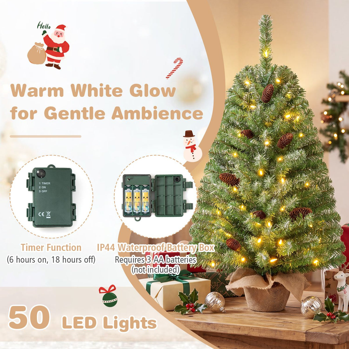 A lit mini tree stands on a wooden table beside gifts, with its timer and battery box pictured alongside.