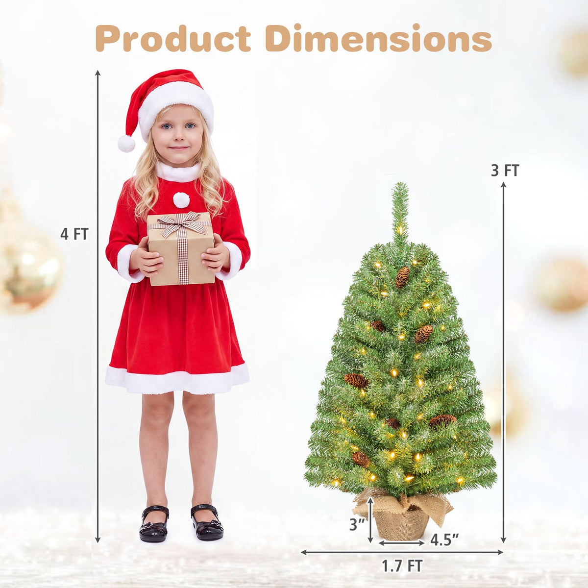 A lit mini tree is shown beside a child, with arrows indicating their relative heights.