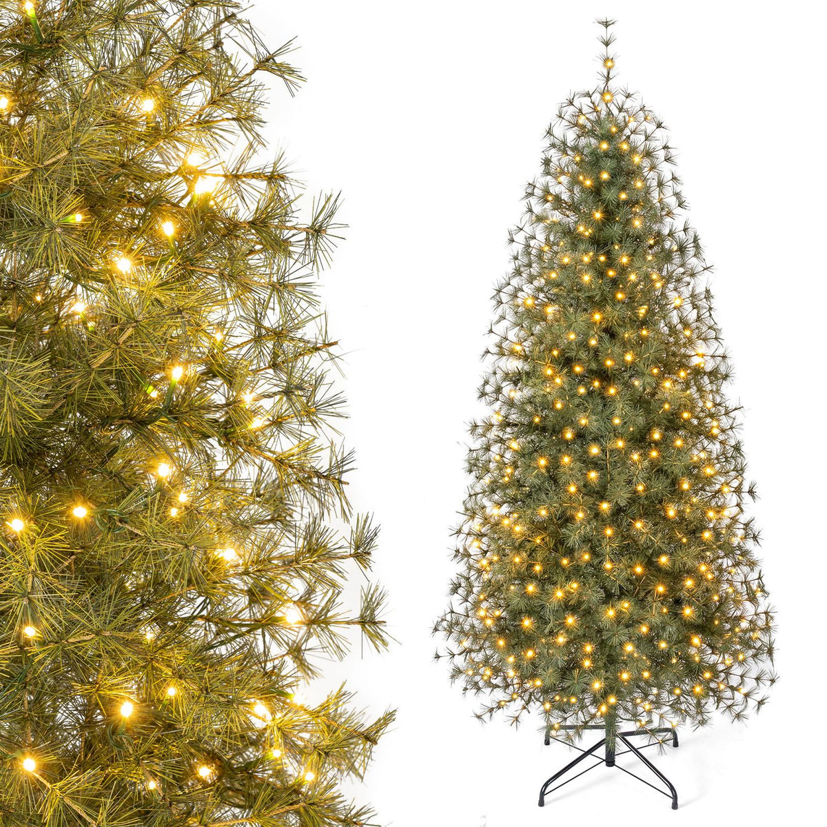 A lit tree on a metal stand appears beside a close-up of its pine branches and lights.