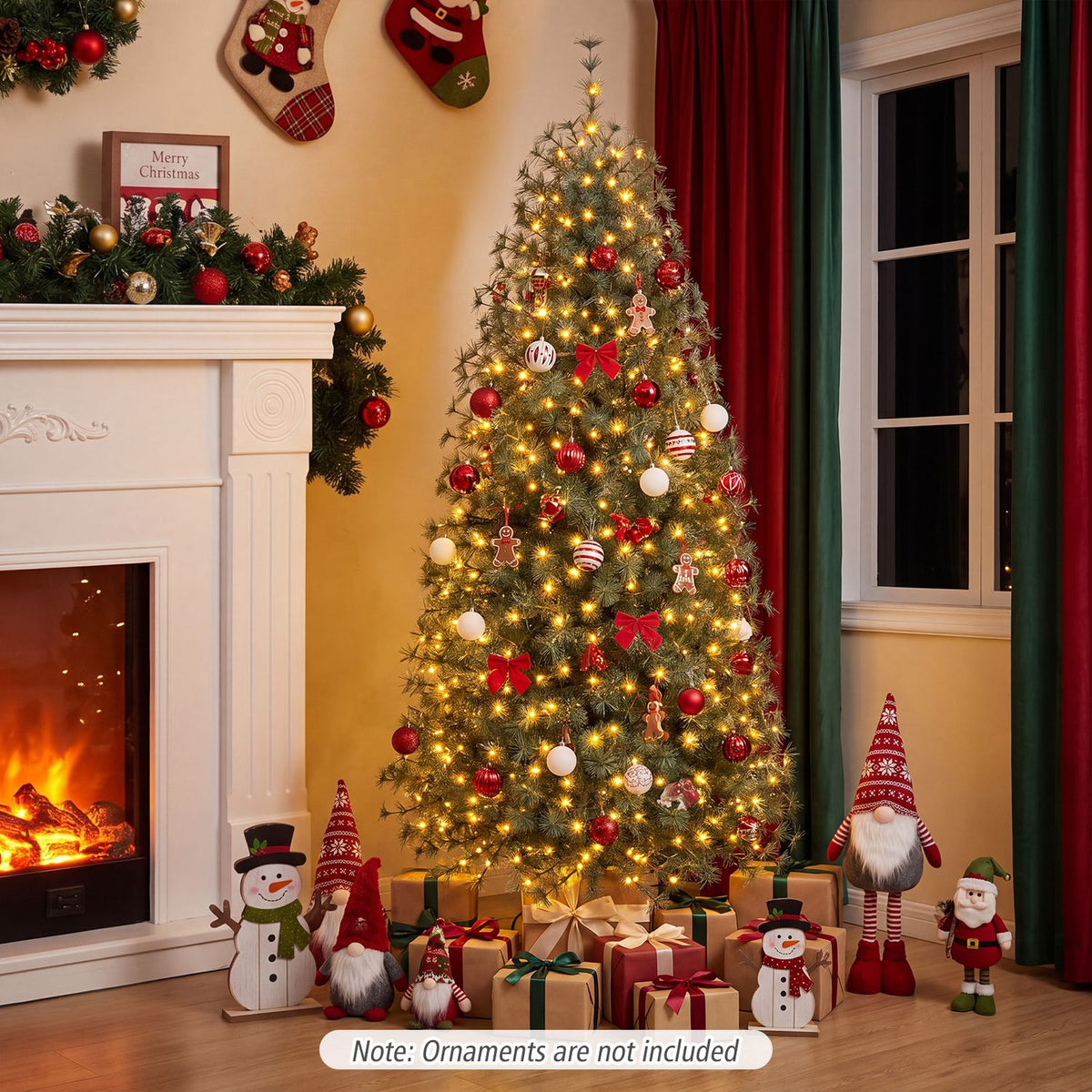 A decorated, warmly lit Christmas tree stands beside a fireplace with presents and holiday figures around it.