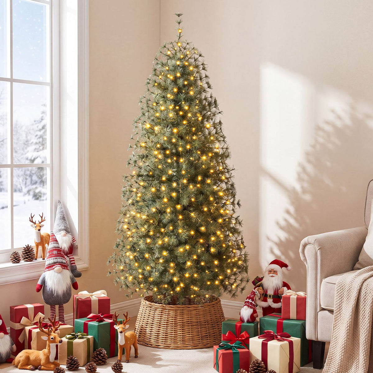 A lit Christmas tree in a bright living room, surrounded by wrapped gifts and holiday figures.