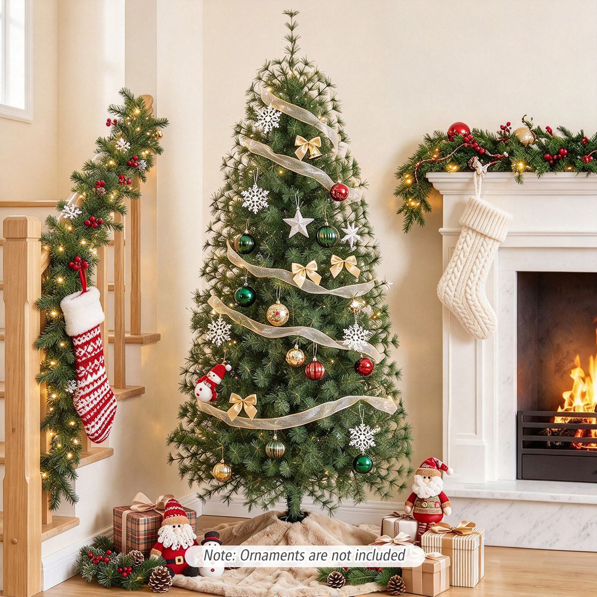 Decorated pine tree beside a fireplace, wrapped in ribbon and ornaments with presents at its base.