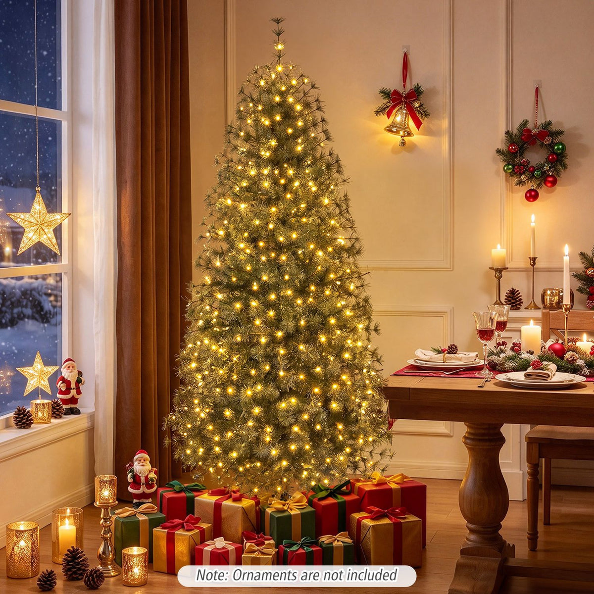 Glowing pine tree surrounded by wrapped gifts in a warmly lit holiday dining room.