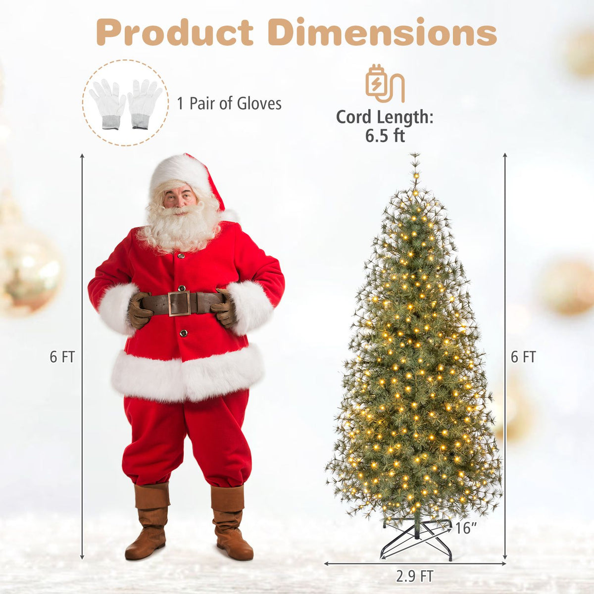 A lit Christmas tree and Santa figure are shown with measurement arrows and a cord-length callout.