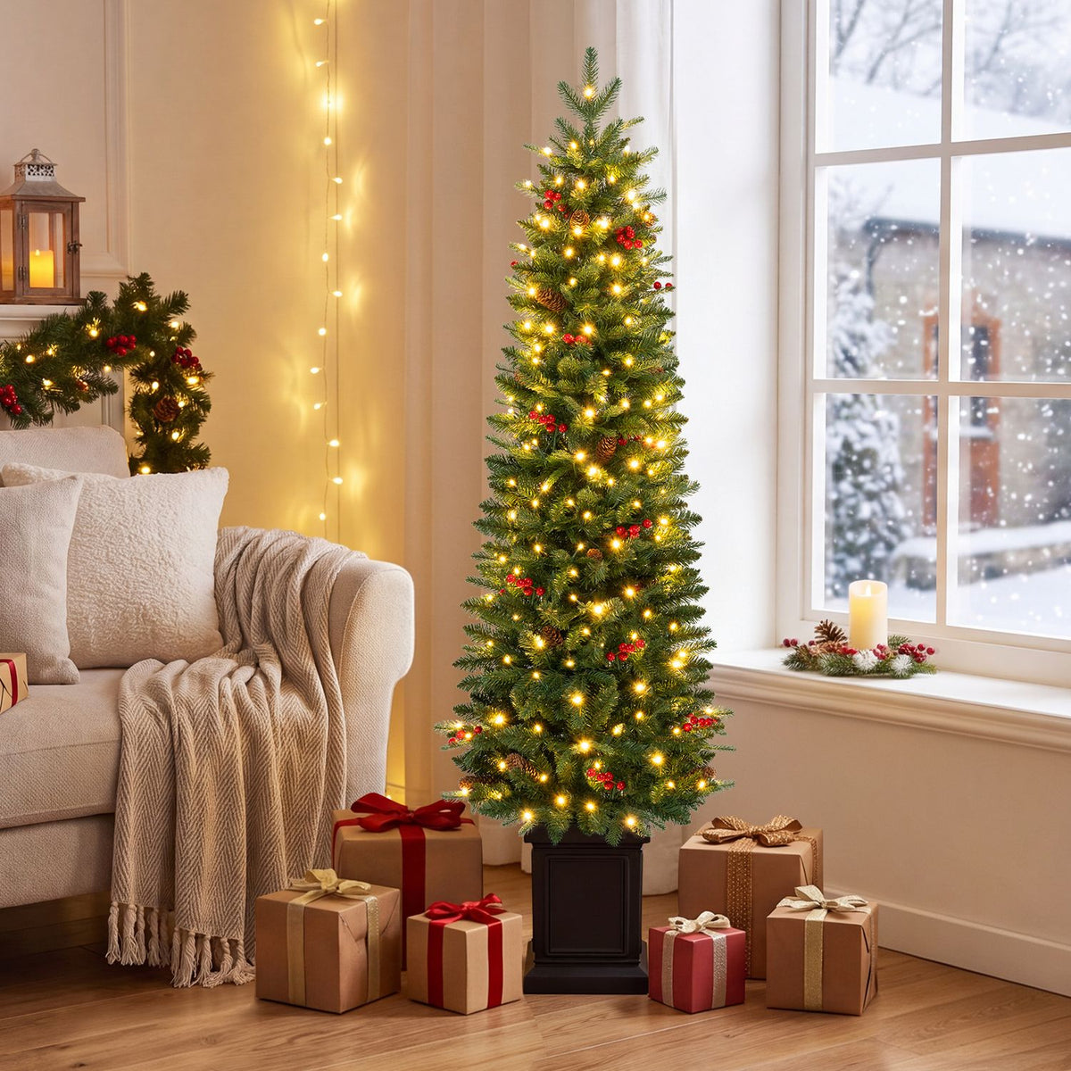Pre-Lit Potted Artificial Christmas Tree with 100/150/200 Warm White LED Lights