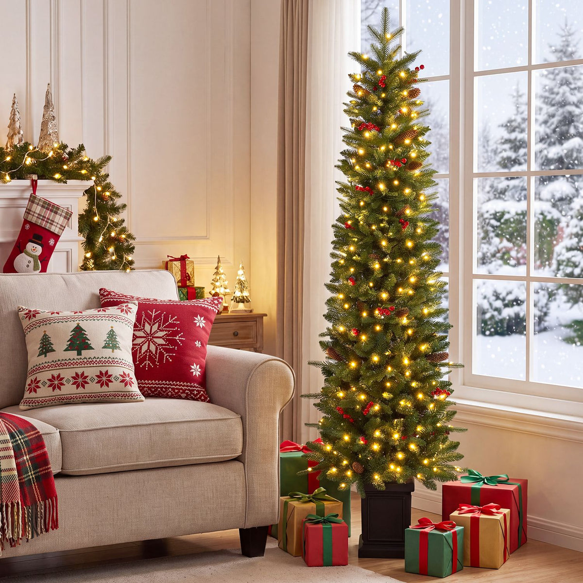 Pre-Lit Potted Artificial Christmas Tree with 100/150/200 Warm White LED Lights