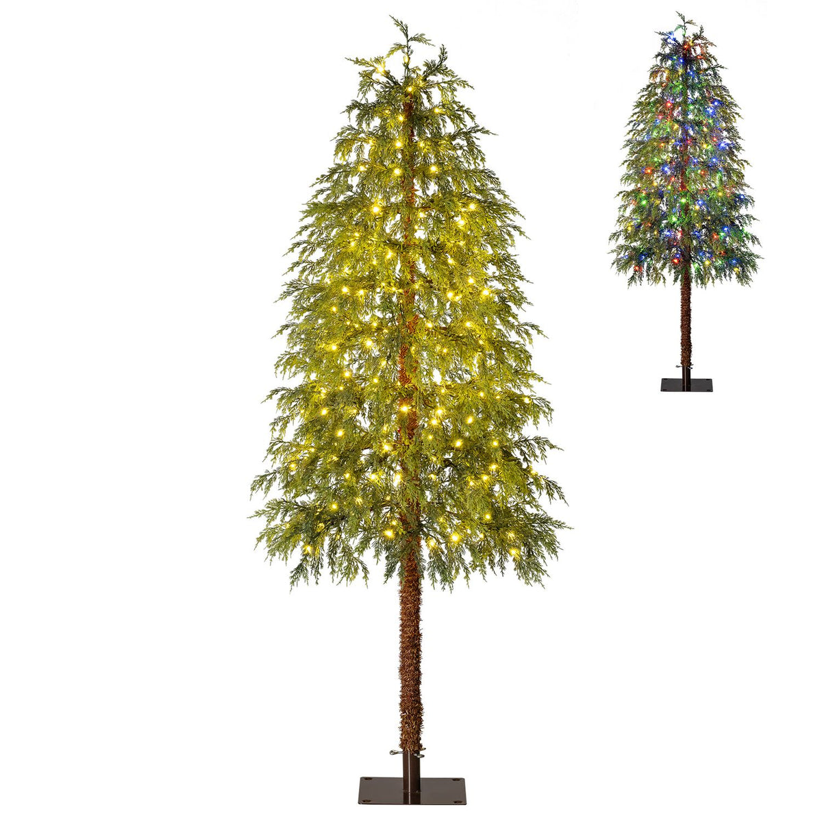 Green pre-lit artificial tree on a white background with a smaller multicolor view