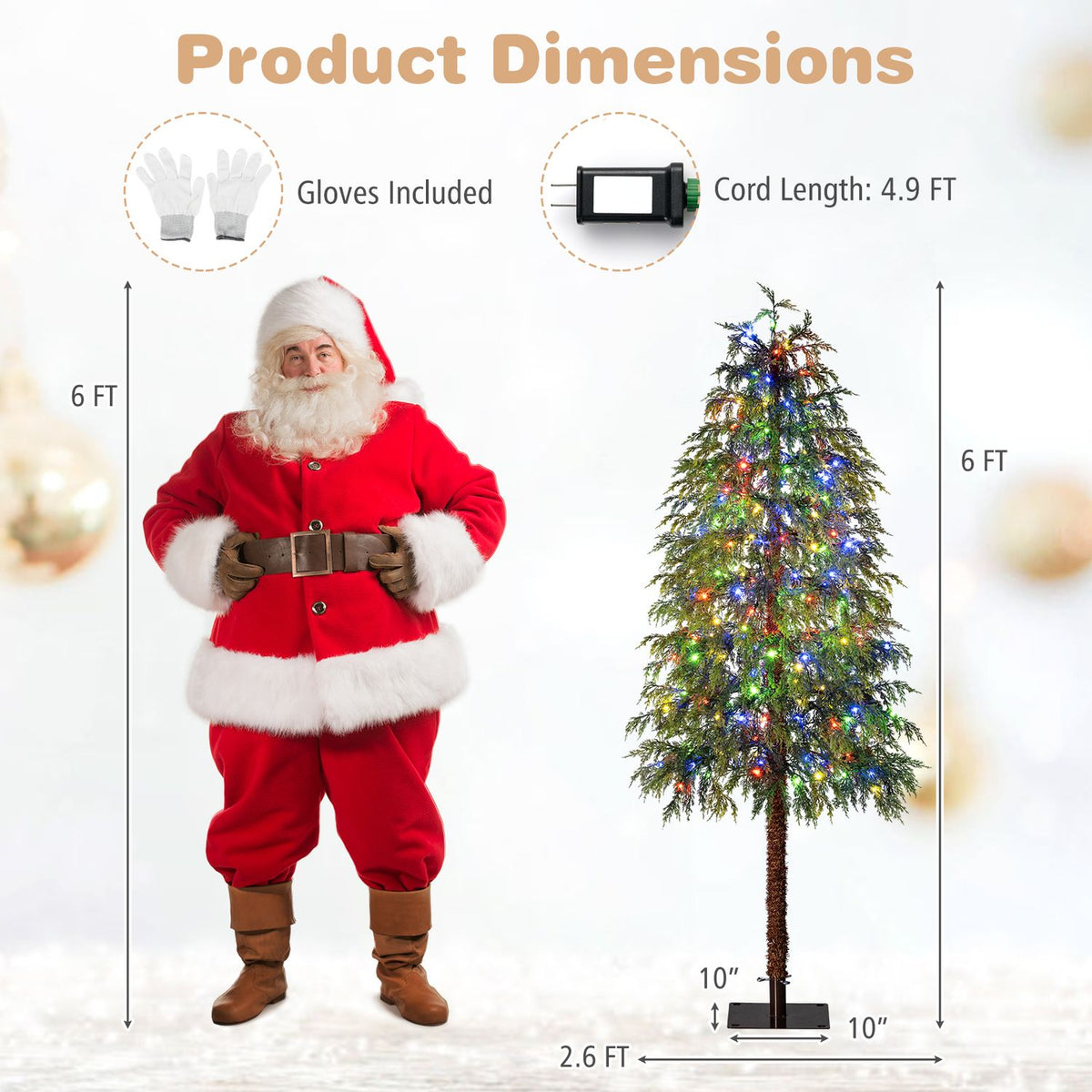 Tree dimension graphic showing a green lit tree, base, cord, and included gloves