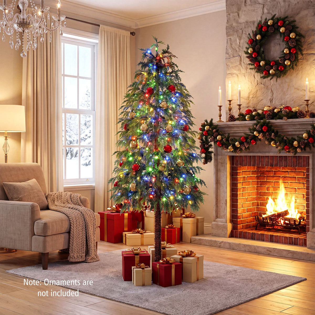 Multicolor-lit Christmas tree beside a fireplace, armchair, and wrapped gifts
