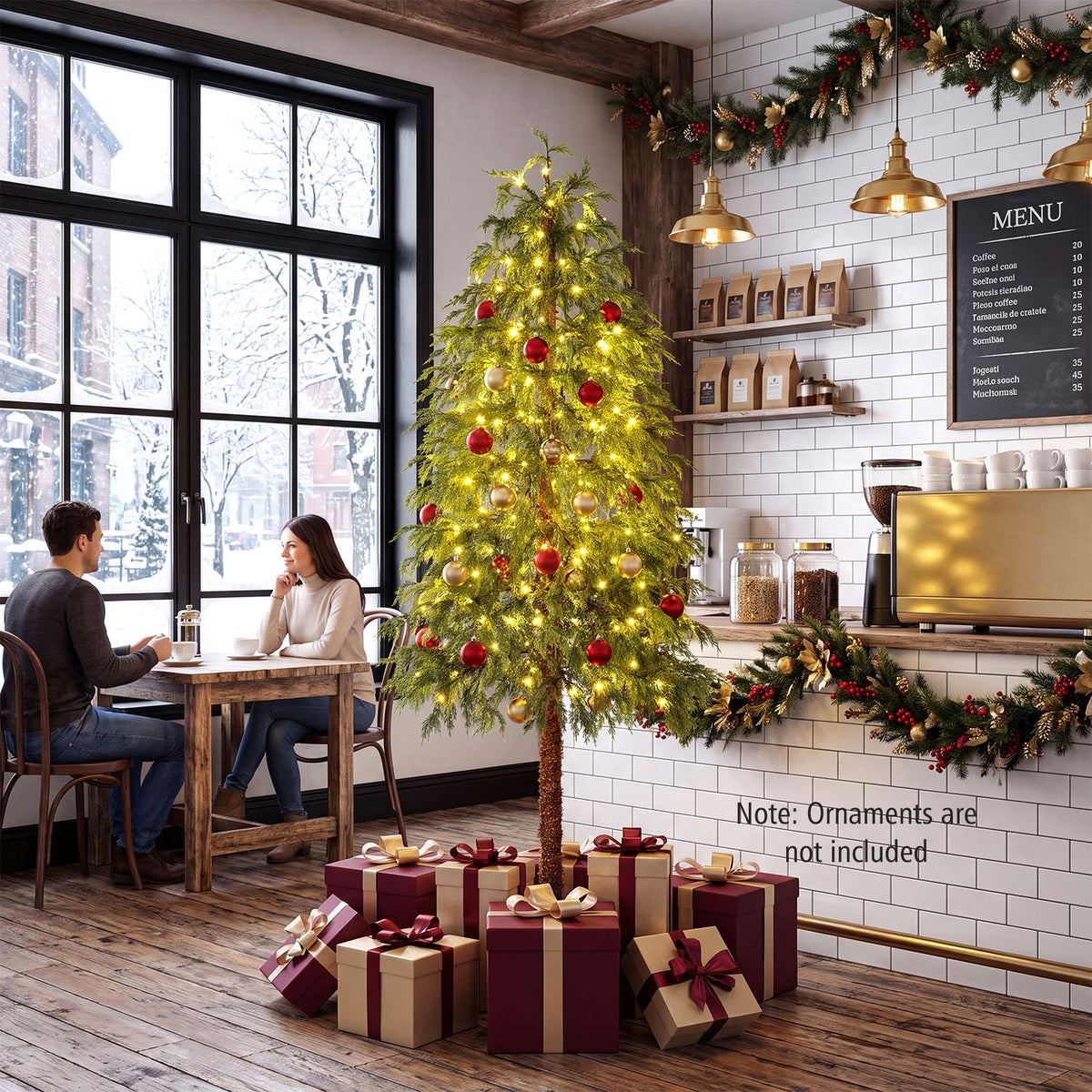 Warm-lit green Christmas tree with ornaments and gifts in a cafe setting
