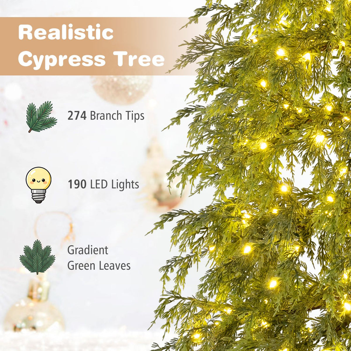 Close-up of green tree branches dotted with warm lights beside a small branch illustration.