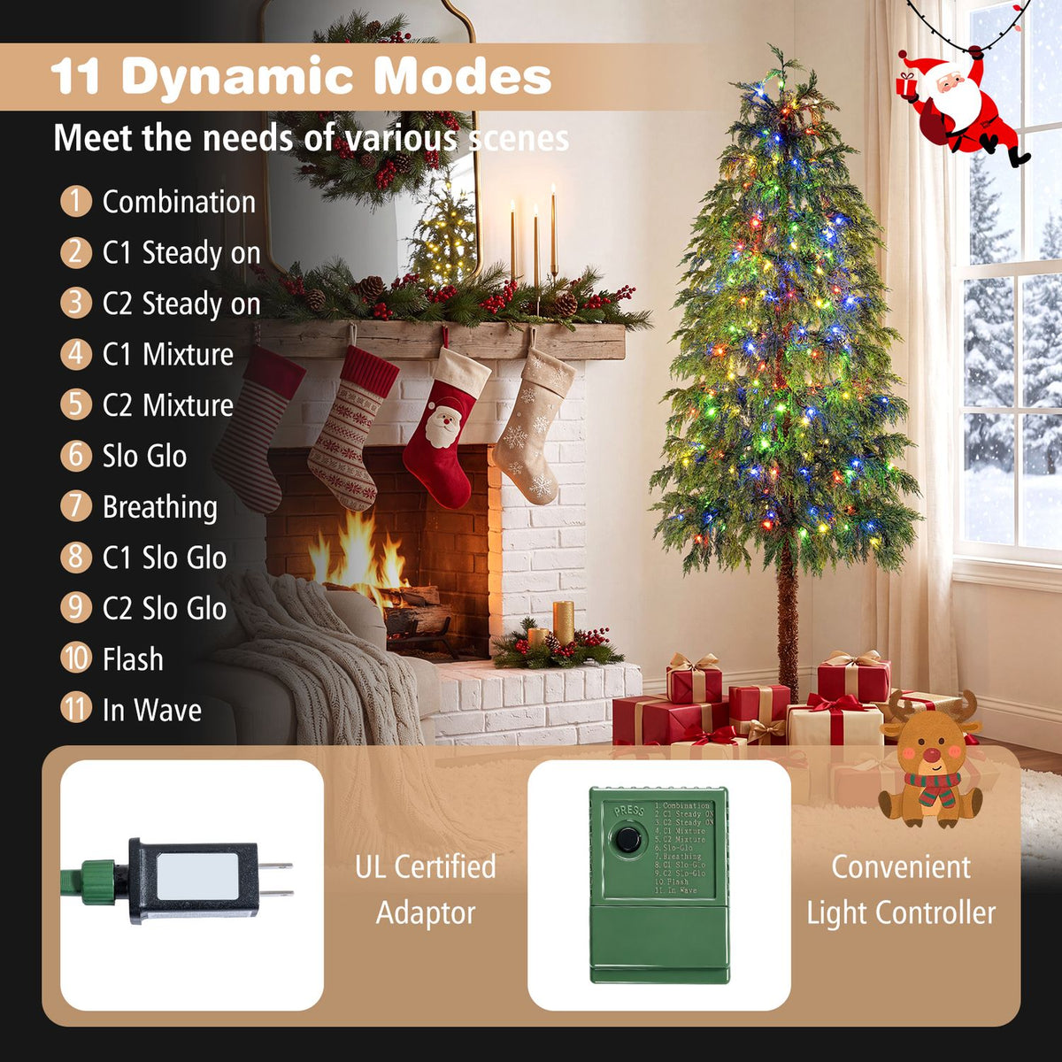 A multicolored lit tree beside a fireplace, with images of a plug and light controller below.