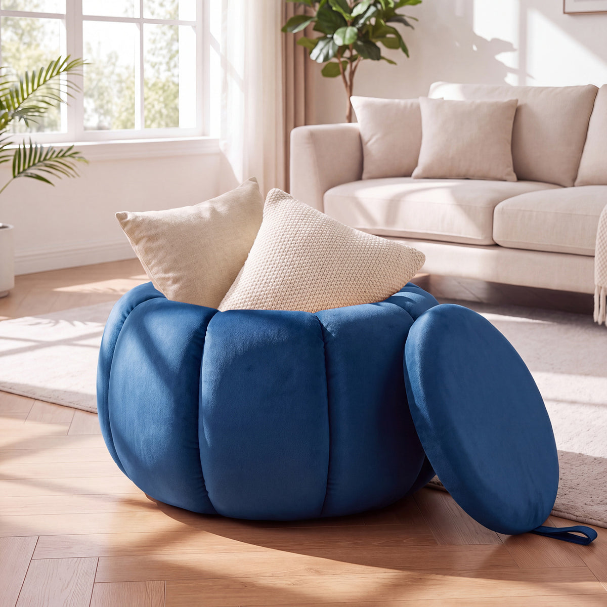 Blue ottoman with its lid removed, showing the inside while two cushions rest on top.