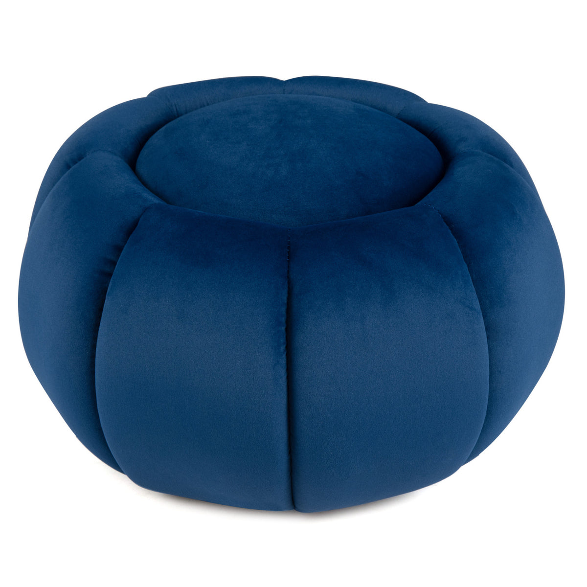 Closed blue pumpkin-shaped ottoman photographed against a plain white background.