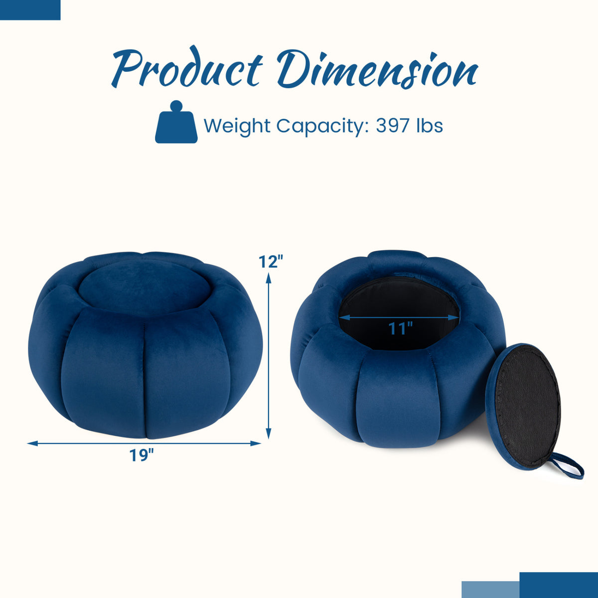 Blue pumpkin-shaped ottoman shown closed and open with its removable lid beside the storage compartment.