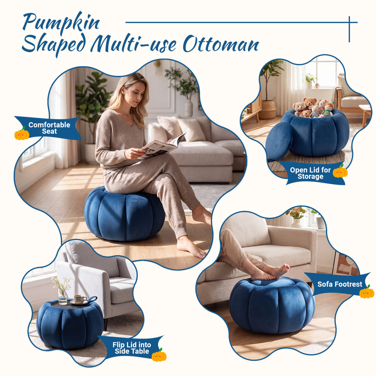 Collage shows the blue ottoman used as a seat, opened for storage, as a footrest, and as a side table.