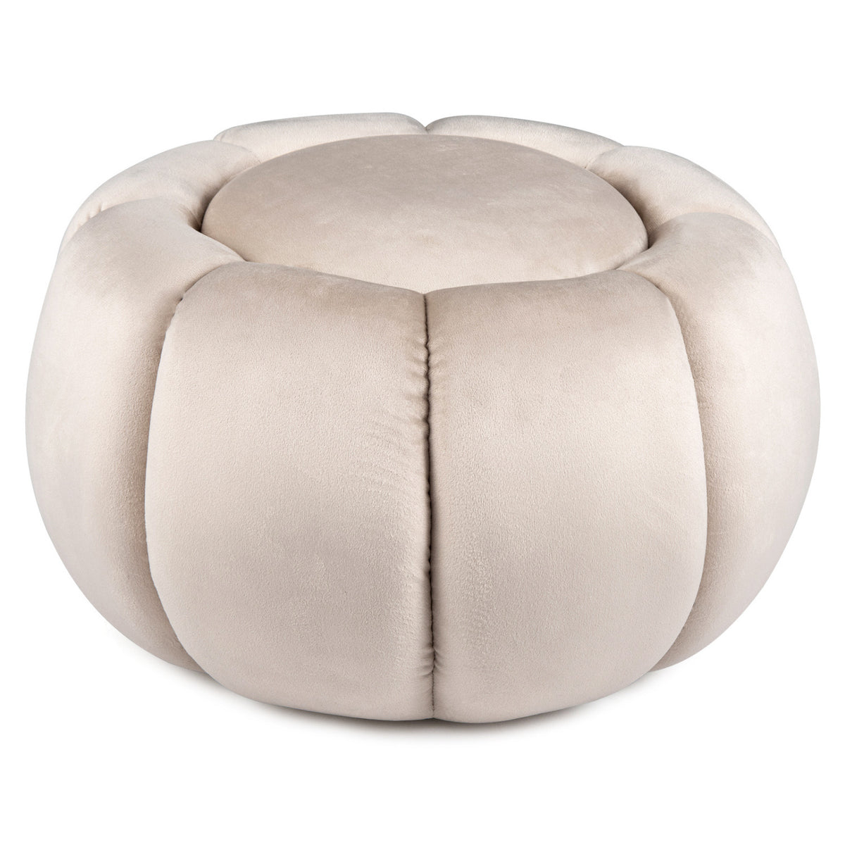 Cream pumpkin-shaped ottoman shown alone against a white background.