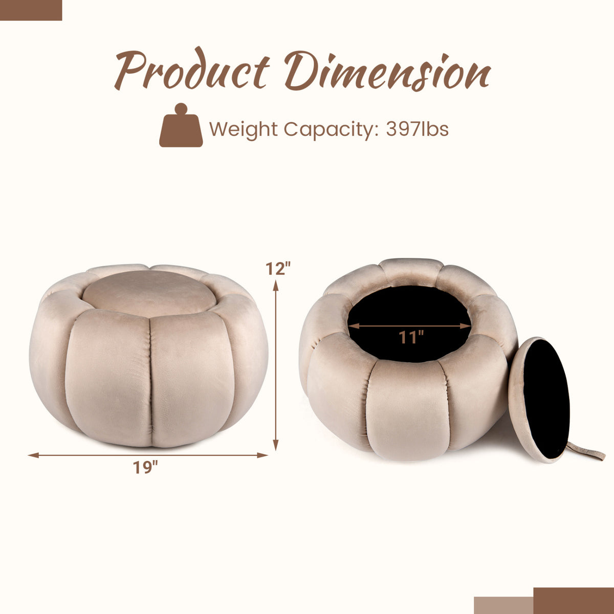 Beige pumpkin-shaped ottoman shown closed and open with its removable lid beside the storage opening.