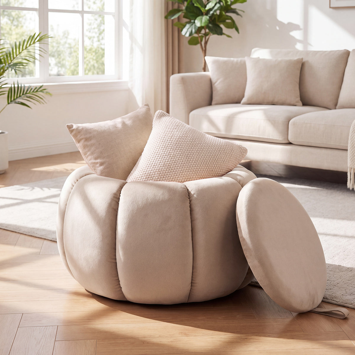 Beige pumpkin ottoman with its lid leaning beside it and two cushions resting on top in a bright living room.