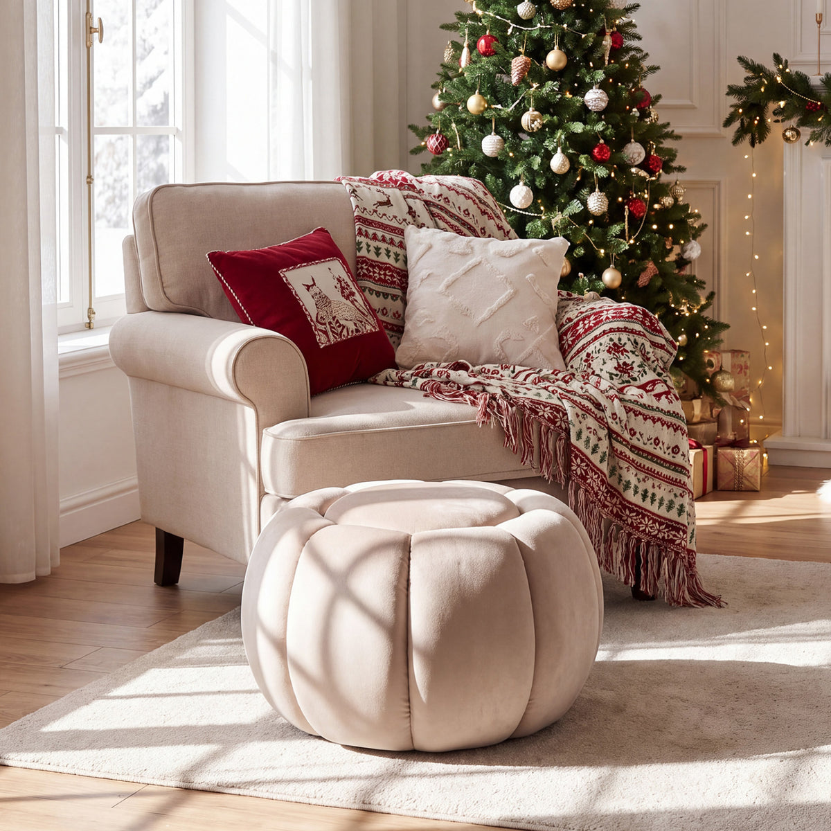 Beige pumpkin ottoman in front of an armchair beside a decorated Christmas tree.