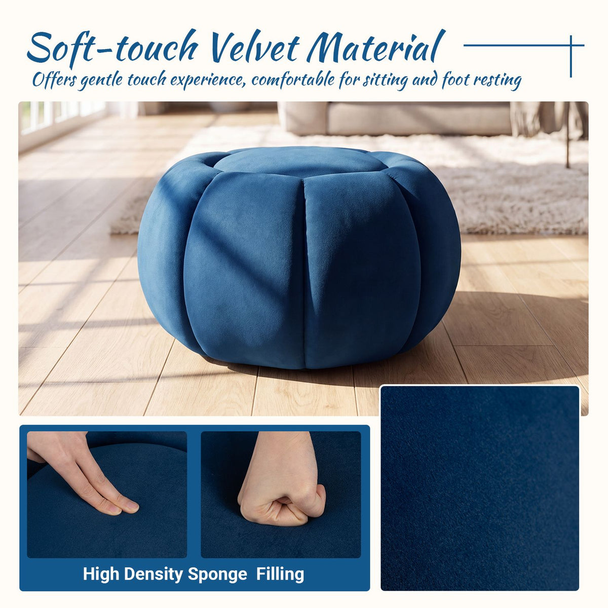 Close view of the blue ottoman’s plush upholstery, with inset shots of a hand pressing the fabric.