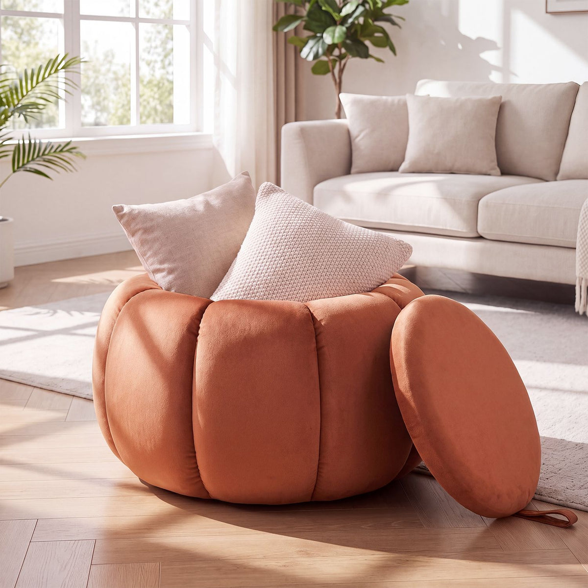 Rust-colored pumpkin ottoman with its removable lid propped beside it and two cushions on top.
