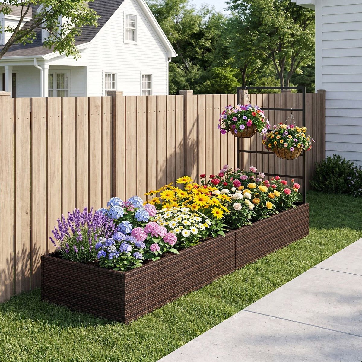 Brown woven raised garden bed with a trellis, filled with colorful flowers beside a wooden fence.