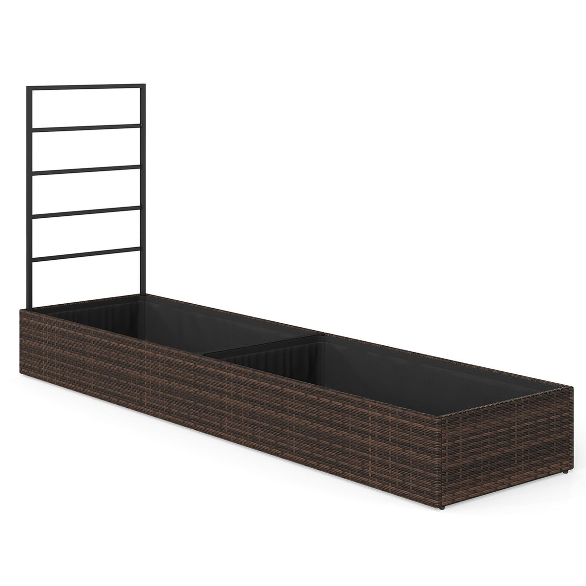 Long brown woven planter with two dark inner planting sections and a black trellis at one end.