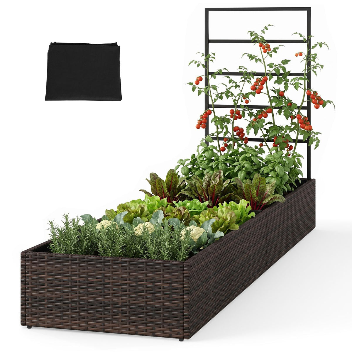 Brown woven raised planter with a trellis holding tomato vines, alongside leafy greens and herbs.