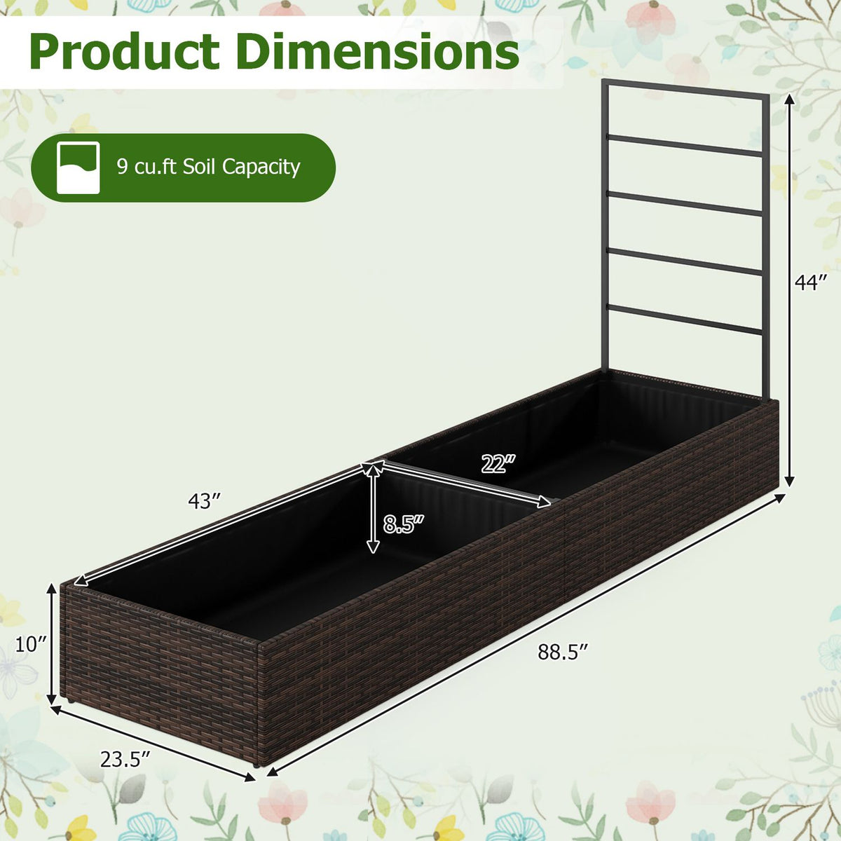 Dimension diagram of the brown raised planter and trellis, with measurements marked around the structure.