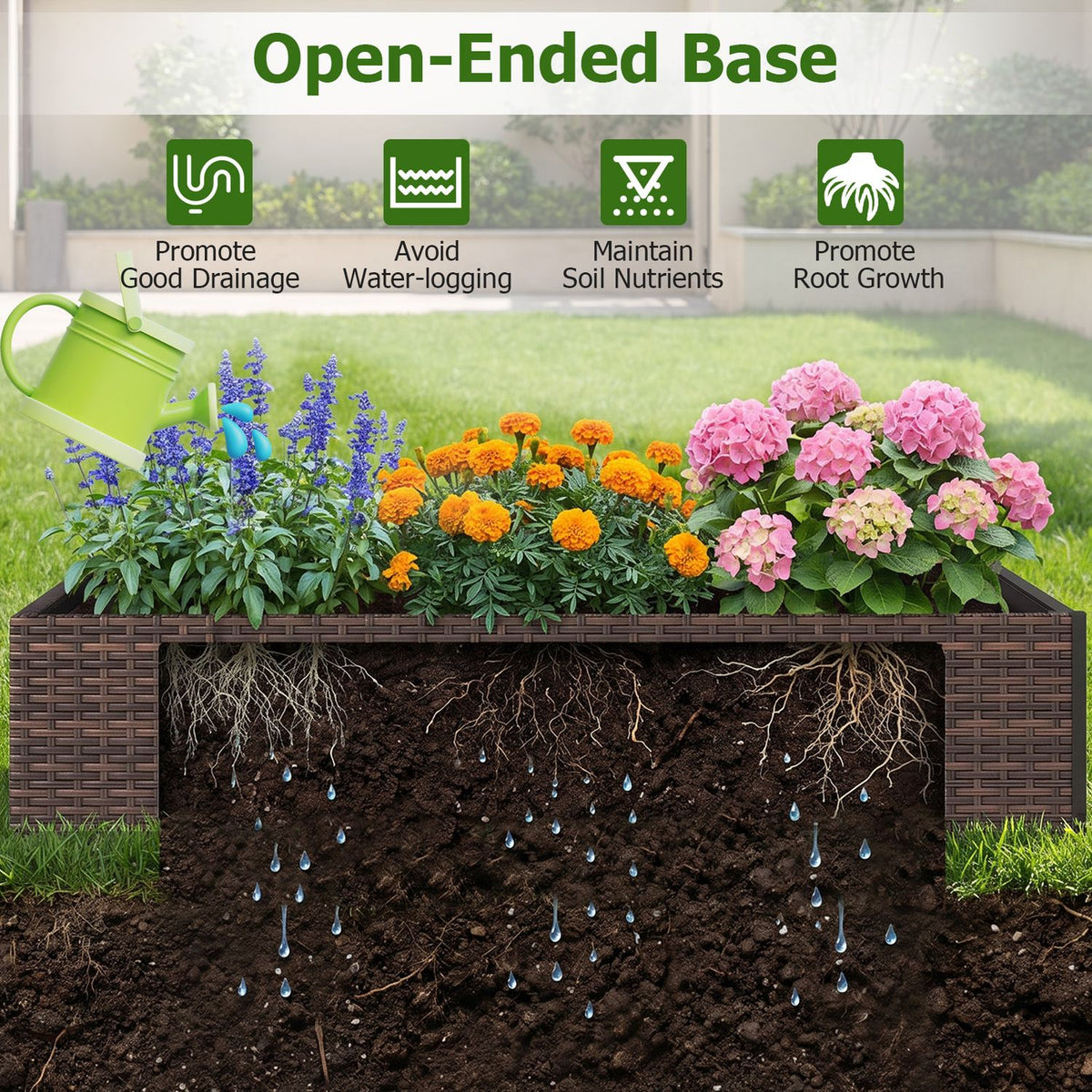 Brown woven raised garden bed shown with flowers above and a soil-and-drainage cutaway below.