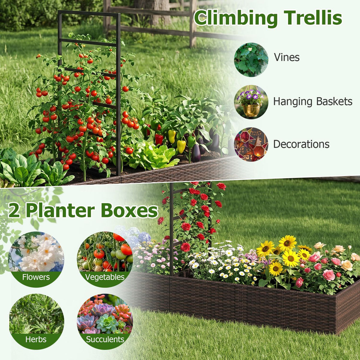 Brown woven garden bed with a climbing trellis beside a second flower-filled planter box.